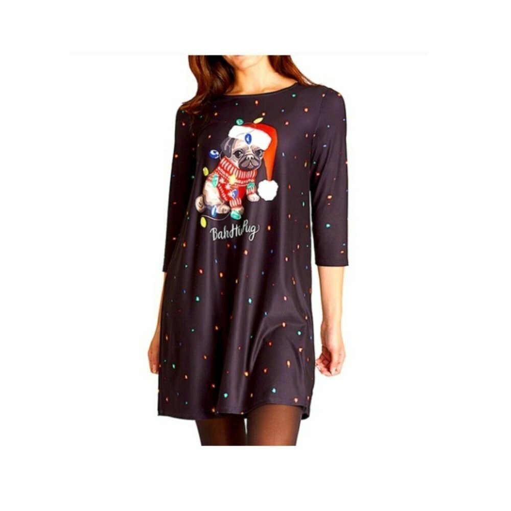 💰3/$25 NWT Dress Works Christmas Swing Dress Dog "Bah Hum Pug" Multicolor S